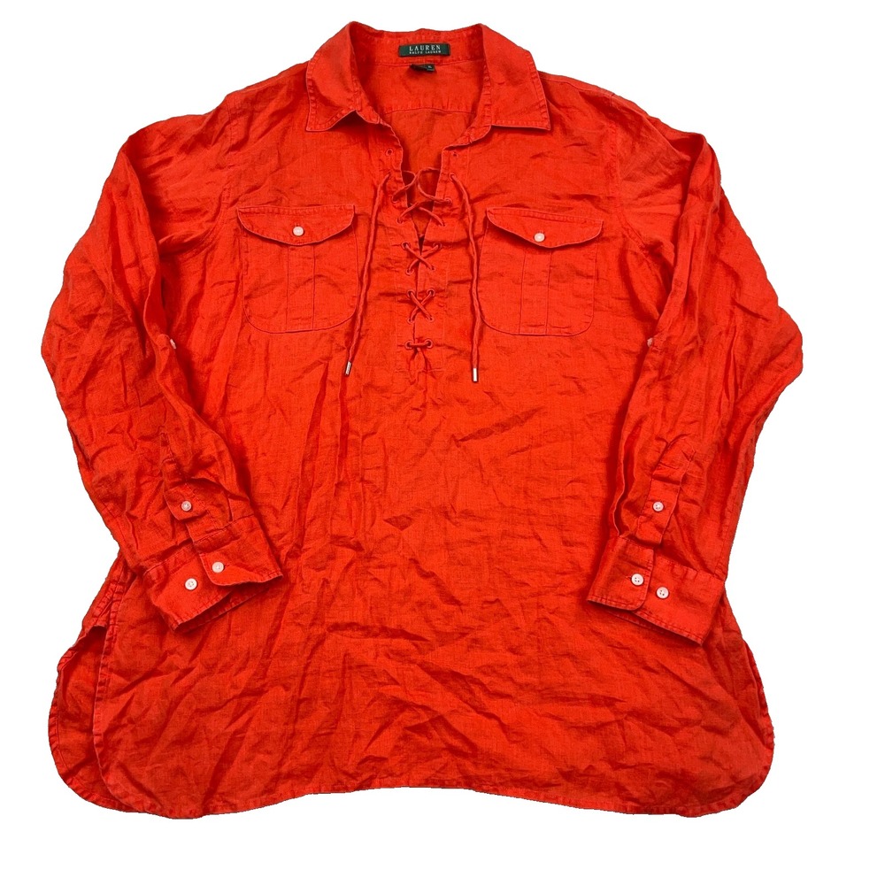 Lauren Ralph Lauren Shirt Women XL Orange Linen Tied Neck Blouse Colored